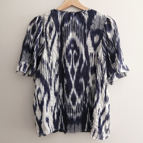 Rebecca Taylor Silk Short Sleeve Button Up Blouse Tie Neck Blue White 8 - Picture 3 of 15